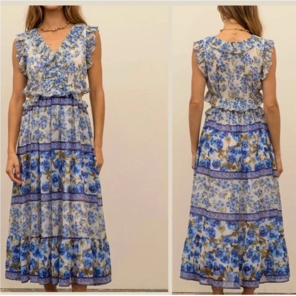 Anthropologie Moon River Floral Long Midi Dress Blue Green Waist Cutouts Size XS